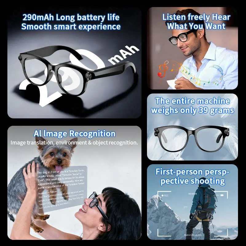 LIGE 2MP AI Smart Glasses Multifunctional Camera Bluetooth Call Voice Assistant Translate Music Player 720P HD Video Sunglasses