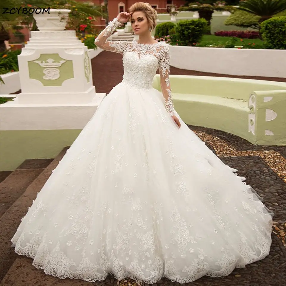 

Gorgeous Lace Appliques Long Sleeves Ball Gown Wedding Dress 2023 Illusion Scoop Neck Lace Up Women Bride Gowns Vestido De Noiva