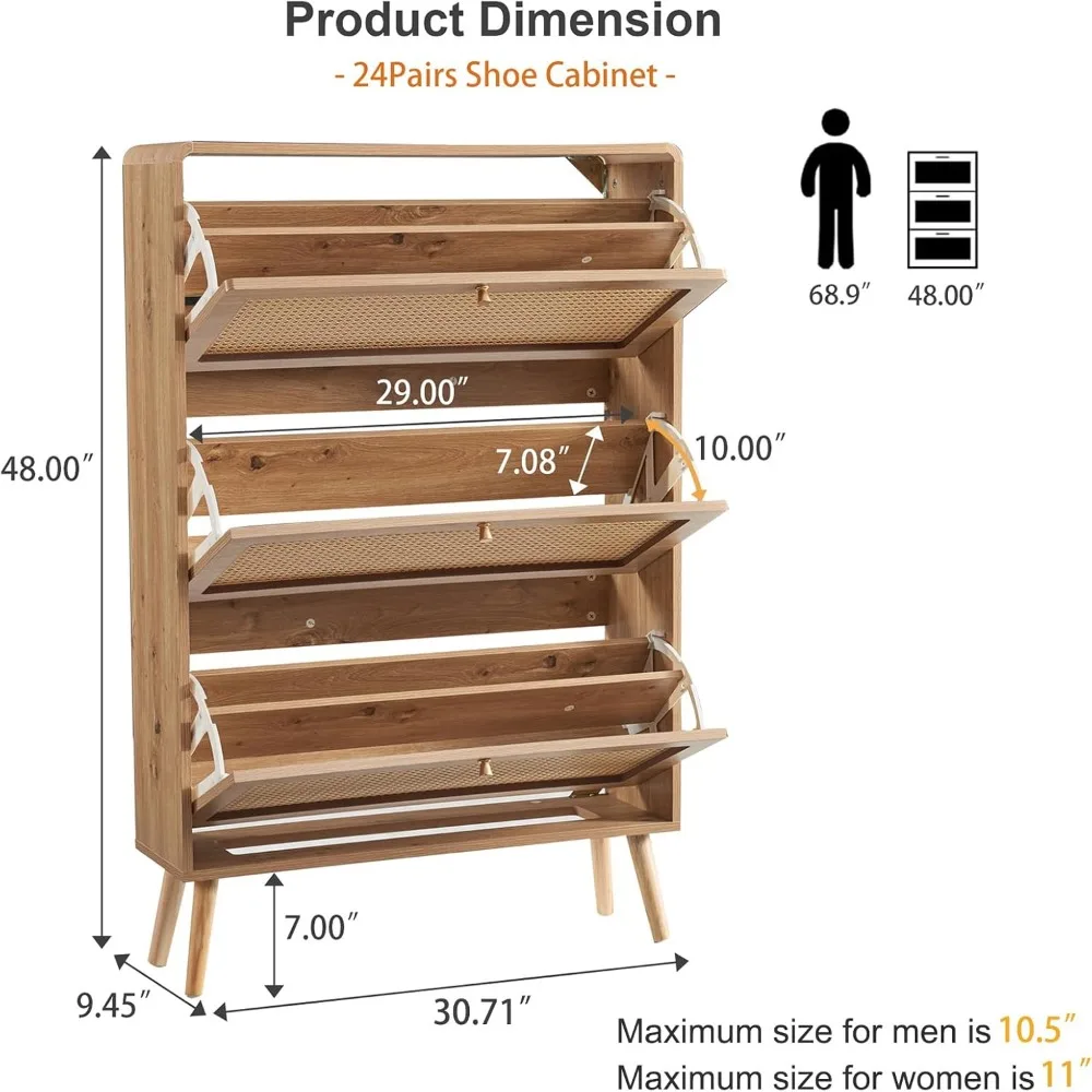 Rattan Shoe Cabinet with 3 Flip Drawers, 24 Pairs Shoe Storage Cabinet for Entryway Freestanding Hidden Shoe Rack 6