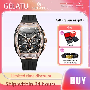 GELATU-Relógio mecânico multifuncional totalmente automático para homens, relógio de diamante masculino impermeável, oco, marca de luxo original