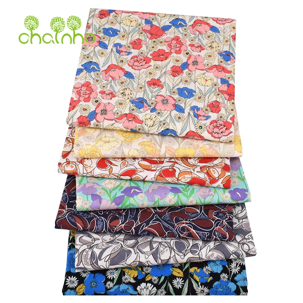 Chainho,Printed Plain Weave Poplin Cotton Fabric,DIY Quilting Sewing Material,Patchwork Cloth,Floral Series,3 Sizes,15PC43