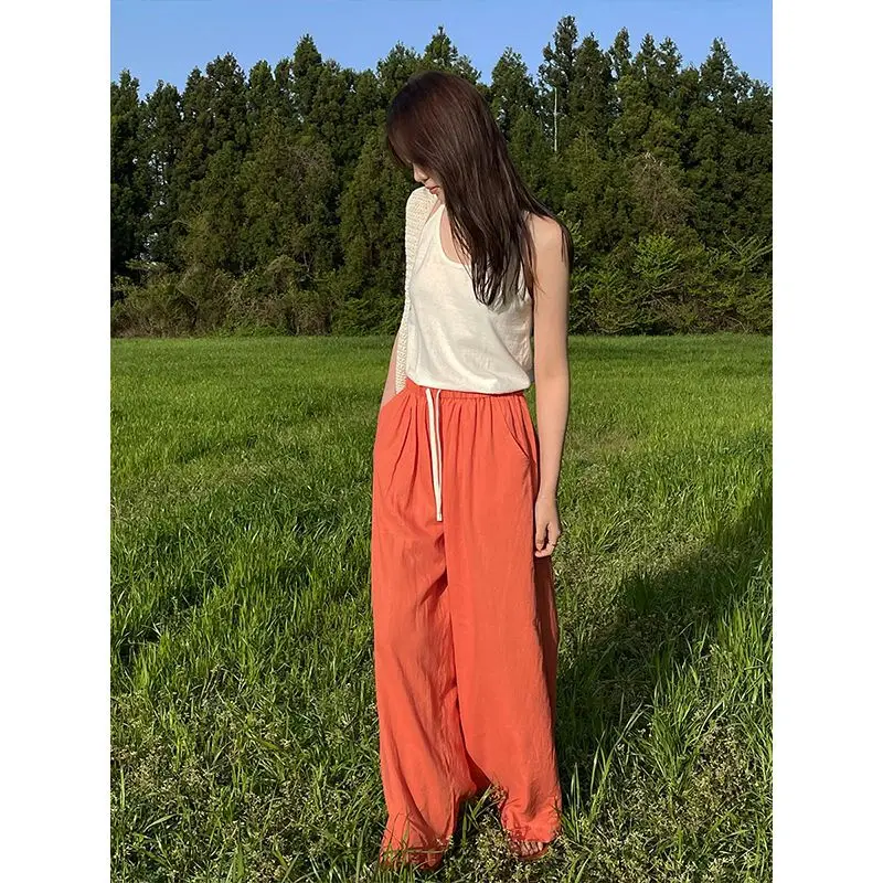 

55% Flax Classic High Waist Simple Casual Pants Women Summer Thin Korean Loose Texture Straight Leg Pants 91078