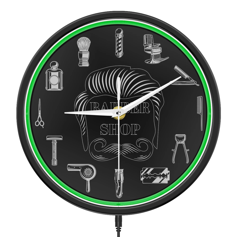 Barber Shop Red Neon Logo Metal Frame Wall Clock for Man Cave Barbering Business Sign Flexible Flex illuminated Neon Wall Clock