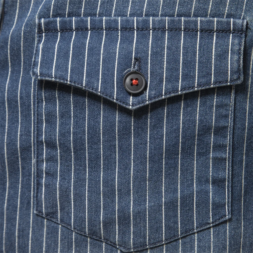 Men Denim Shirts Striped Stretch Long Sleeve Casual Slim Cowboy AIOPESON denim shirt long sleeved shirt