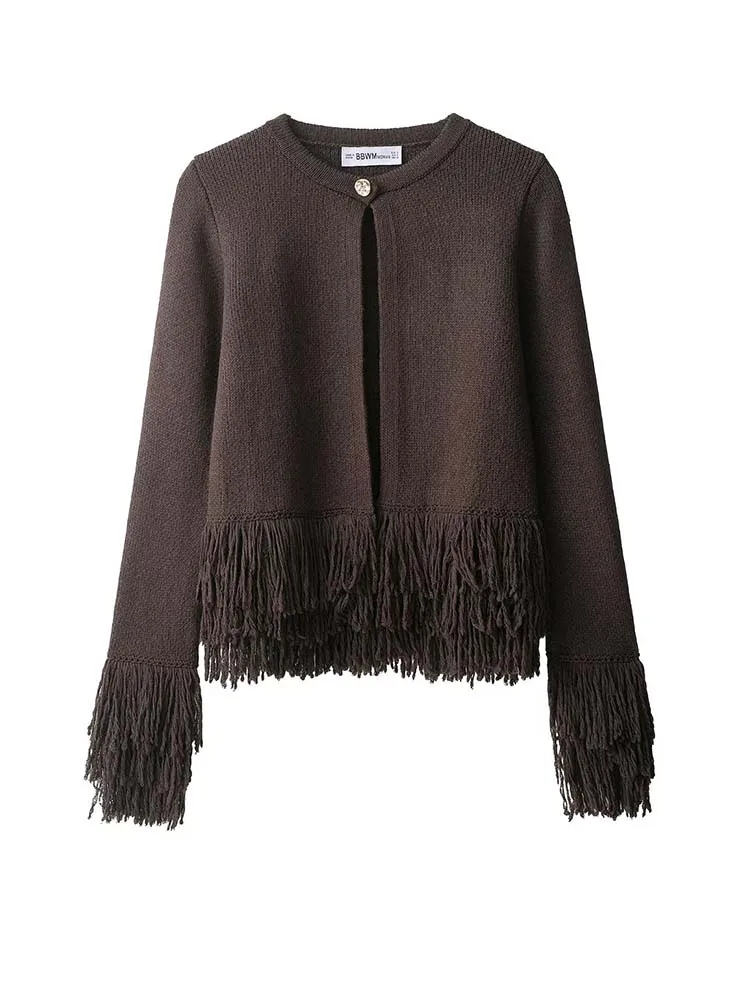 2025 Women Fashion Tassel decoration Knitted Cardigans Long Sleeve Button Sweater Cardigan Autumn Winter New Style Outerwear