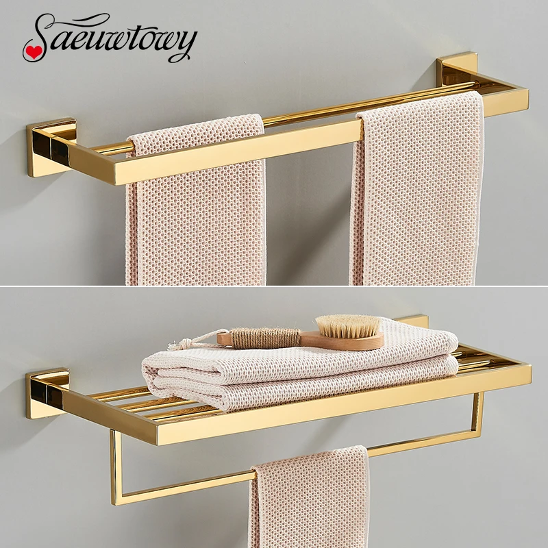 Bathroom Hardware Towel Rack Stainless Steel Towel Bar Bathroom Accessories Storage Shelf Double Pole Golden/Black/Chrome