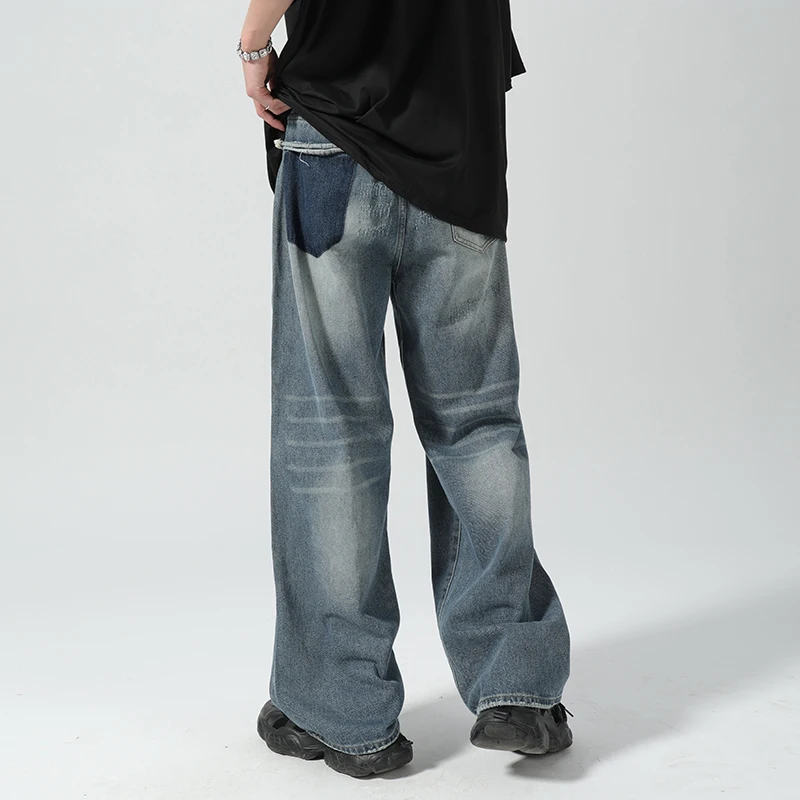 

Ripped Hole Jeans Korean Men's Hip Hop Casual Pants Men High Street Handsome Straight Wide Leg Jeans Vintage Blue Baggy Jeans