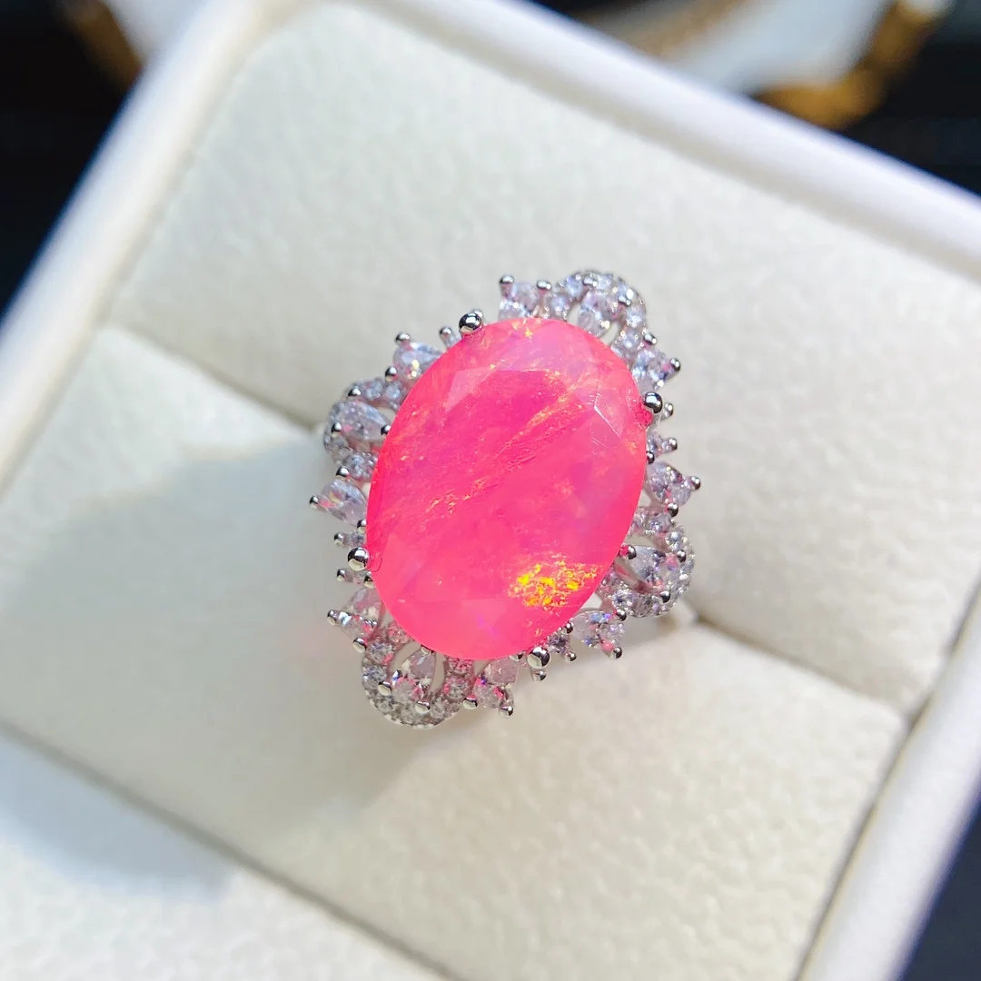 Pink Fire Opal Engagement Ring CZ Halo 925 Sterling Silver Flower Vintage Wedding Bridal Anniversary Gift