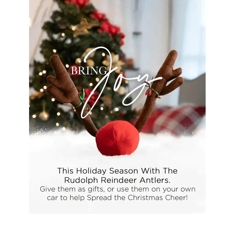 2026 Winter New Christmas Reindeer Antler Car Decoration Kit – Rudolph Red Nose + Jingle Bells, Festive Auto Accessory Gift.