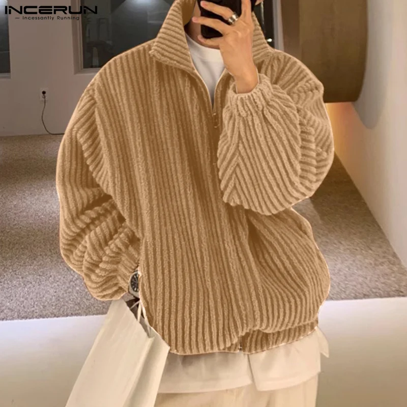 

Куртка INCERUN Мужская Вельветовая однотонная, свободная повседневная верхняя одежда с отложным воротником и длинным рукавом, на молнии, уличная одежда, 2023