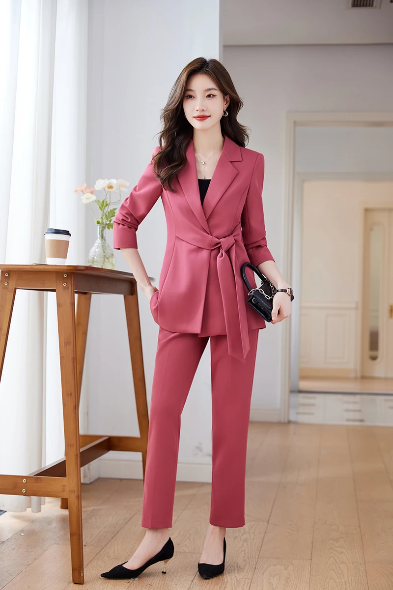 Fine Crafted Gold Velvet Chest Women's Fashion Office Set Basic Korean Slim Fit Suit Open Front Pants Street Wear 2 Pieces