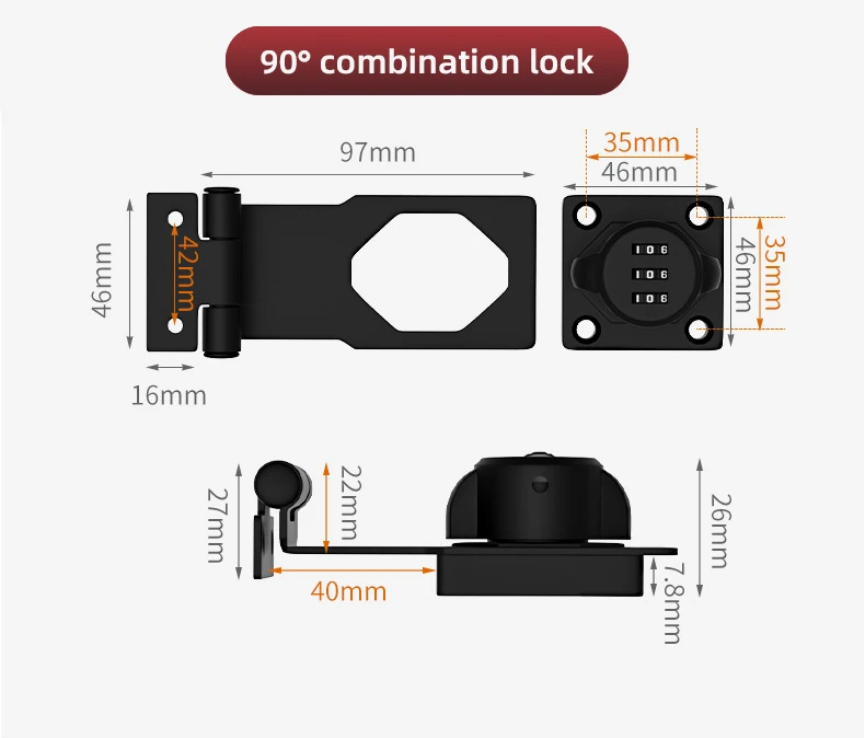Sliding Door Lock, Bedroom Door Lock, 90 ° Lock, Security Lock