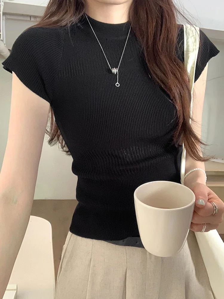 

Футболка женская классическая облегающая, базовый однотонный топ с высоким воротником, простая повседневная модная рубашка, Y2k, на лето