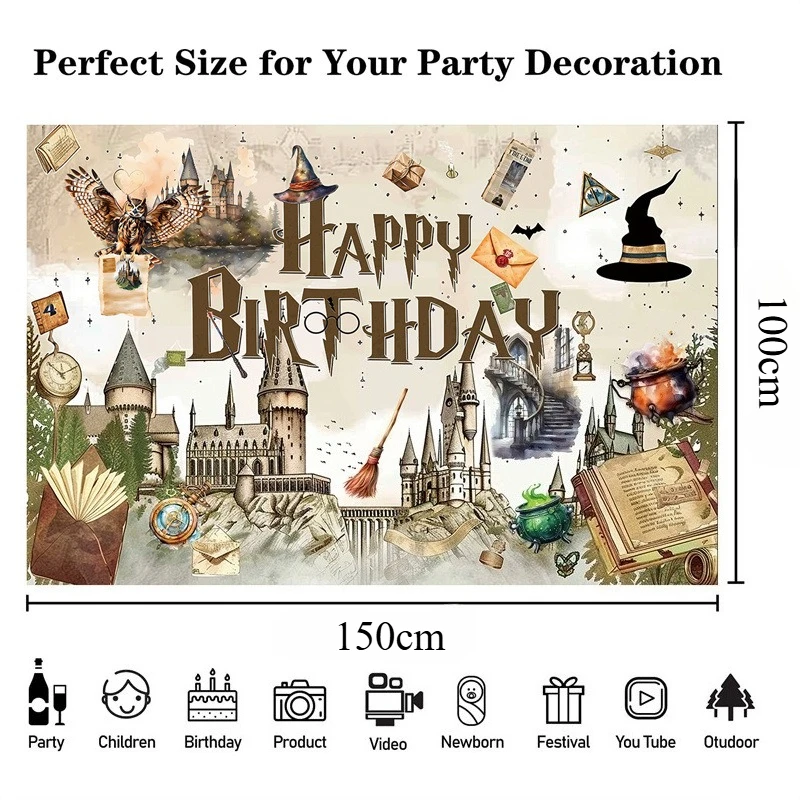 150x100cm 해리포터 생일 배경 배너, 생일 장면 장식 용품을 위한 파티 사진 배경 천