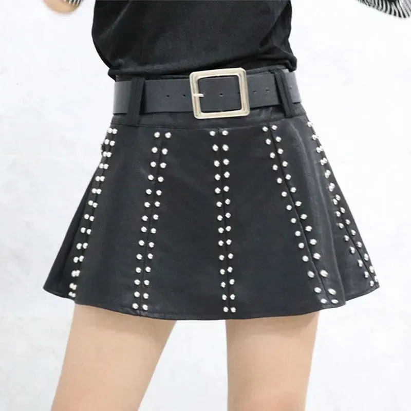 

Harajuku Punk Y2K Leather Mini Pleated Skirt High Waist Rivet Dark Black Skirts with Shorts Women Japanese Gothic Pu Skirts