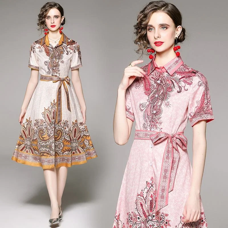 

Vintage Occident Elegant Gental Women Summer Vestidos Elastic Belt Single Breasted Glam Floral Side Spilts Office Lady Dresses