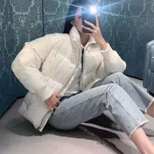 

2022 New Women Winter Fashion Rhinestones Starry Padded Warm Coat Short Down Jacket Female Stand Collar Slim Feather Clothing