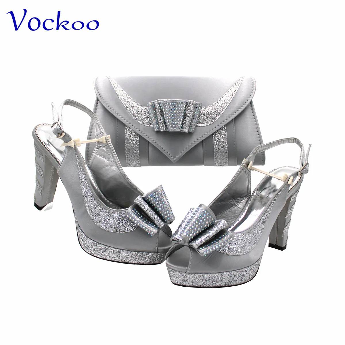 2023 Silver  Color New Design African Women Shoes and Bag Set Super High Heels for Garden Party