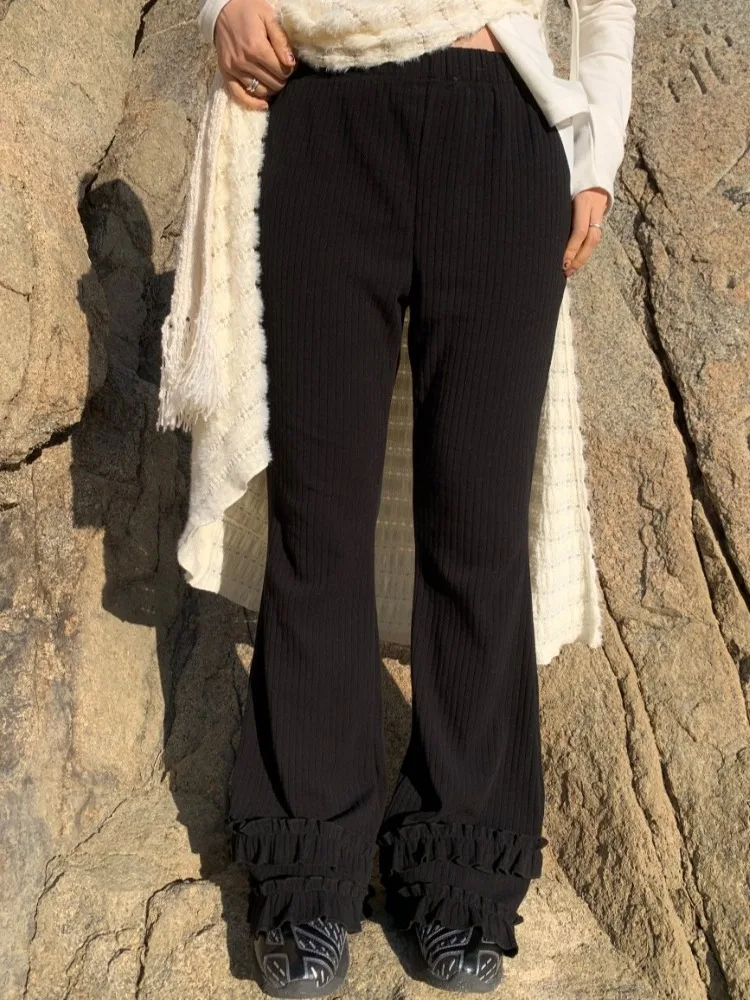 Spring 2025 Dongda Gate Women's Slim Fit Bell Bot Pants Elastic Micro Flared Pure Color Floral Lace Long Trousers