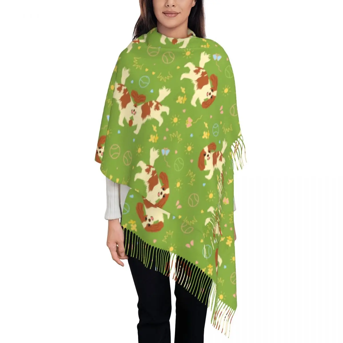 Luxury Playing Cavalier King Charles Spaniel Tassel Scarf Women Winter Warm Shawl Wrap Female Dog Scarves