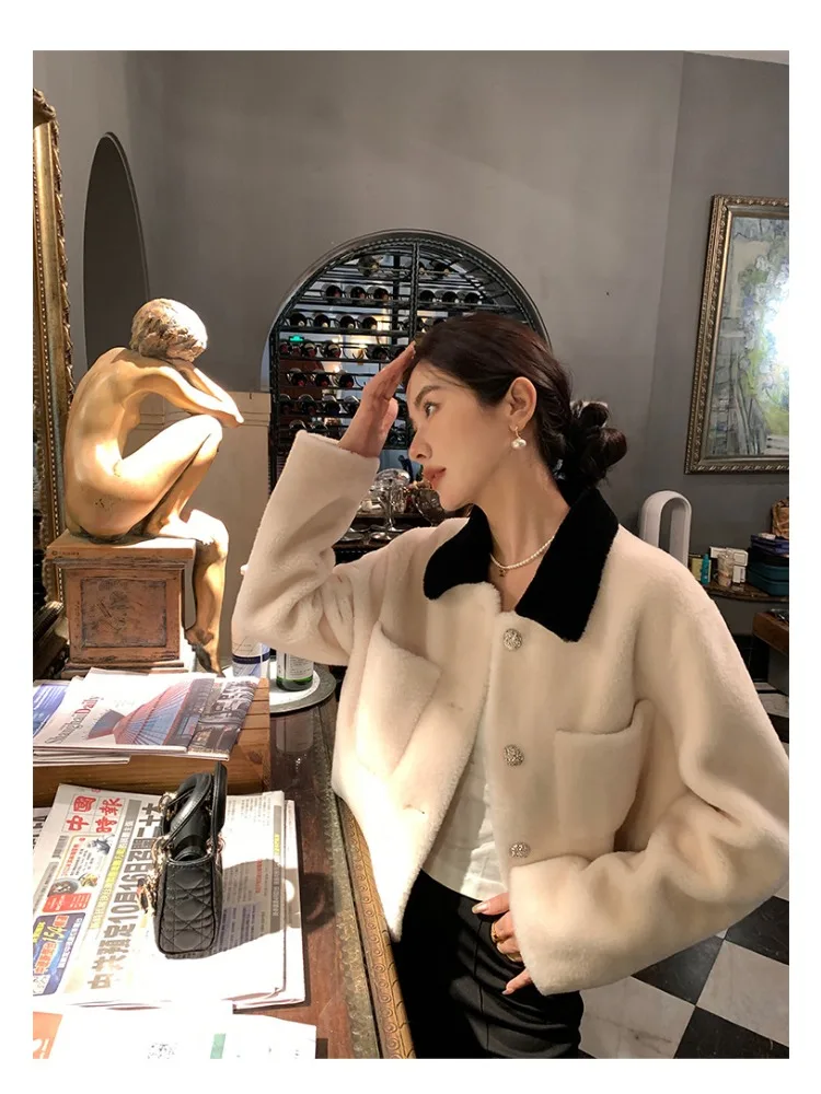 여성용 양모 원피스 모피 짧은 재킷, 라펠 인조 모피 코트, 여성 의류, 2023 가을 및 겨울 신상