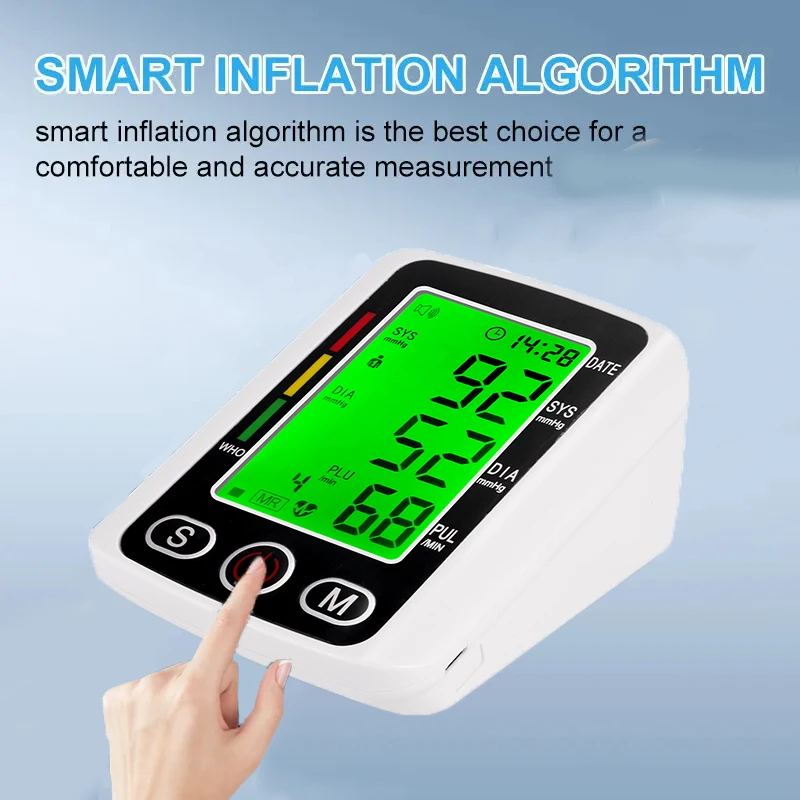 Rechargeable Digital Blood Pressure Monitor with Cuff Arm Sphygmomanometer Heart Rate Pulse Meters Screen Automatic Tonometer