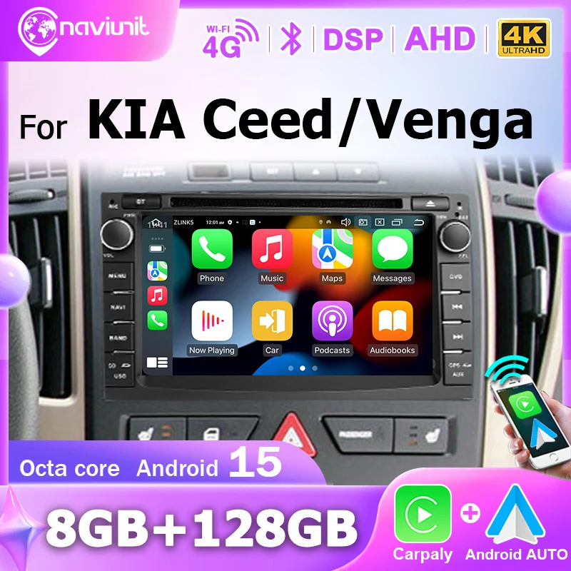 Radio de Coche de 7'' con Android 15, Reproductor Multimedia 2 Din con CarPlay Inalámbrico para KIA Ceed Venga 2010-2016, Autoradio Estéreo con Bluetooth 1