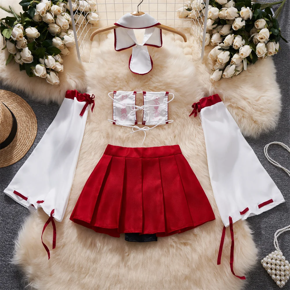 Japan Hotsweet Women's Sleepwear Set Strapless Cut Petal Sleeve Crop Top With Lace Up Pleat Mini Skirt Sexy Erotic Lingerie Set