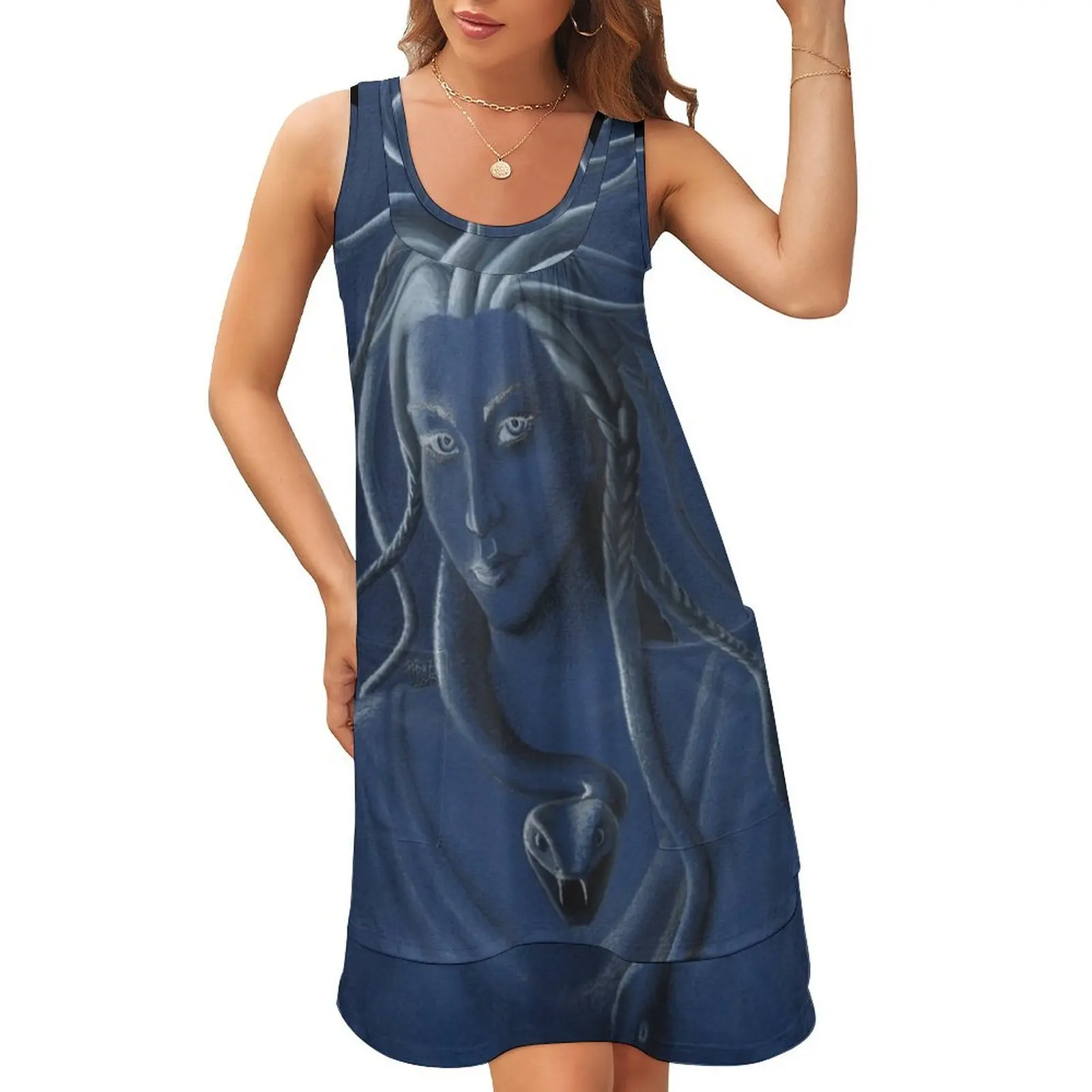 

Medusa Sleeveless U-Neck Fake Two Piece Dress Women's dress loose women's dress