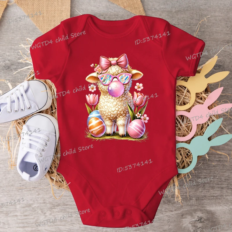 Short Sleeve Easter Romper Infant Jumpsuit Cartoon Sheep Blowing Bubble Print Onesies Newborn Girl Boy Cotton Easter Bodysuits 5