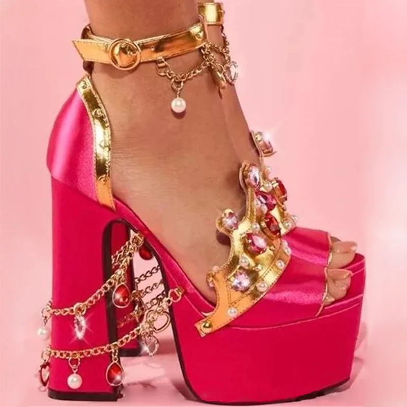 

Rhinestones Diamonds Crown Chunky Heel Sandals Peep Toe Chains Pearls Decorated Rose Red Pink Satin High Platform Lolita Shoes