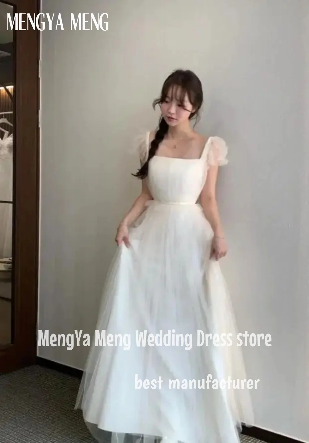 ZHUISHU Simple Square Collar A Line Tulle Wedding Dresses Korea Photoshoot Short Sleeves Floor Length Bridal Gowns Customised