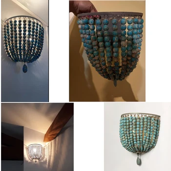 Industrial retro blue/white wooden bead bracket light E14 LOFT bedroom cafe lamp holiday Corridor Restaurant decor wall lights 4