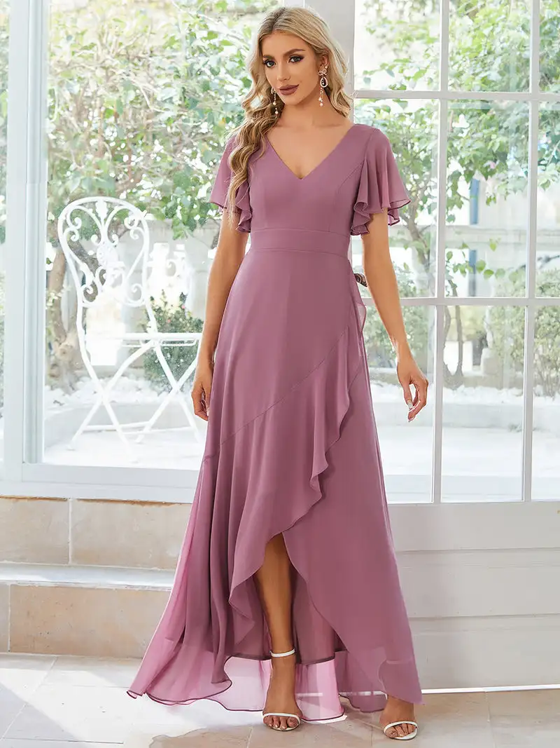 

Simple Evening Dresses V Neck High Low Ruffles Hidden zipper Floor-Length 2024 of A-line Chiffon Orchid Bridesmaid dress