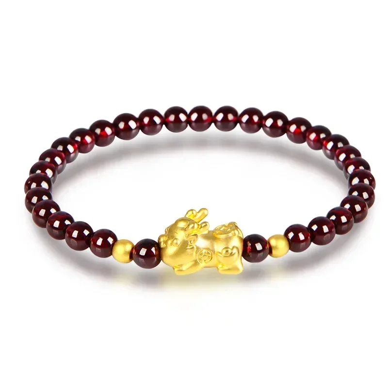 

999 24K Yellow Gold Bracelet Real Gold Pixiu Baby 3D Hard Gold Lucky Red Garnet 6mm Beads For Women Female 's Bracelet