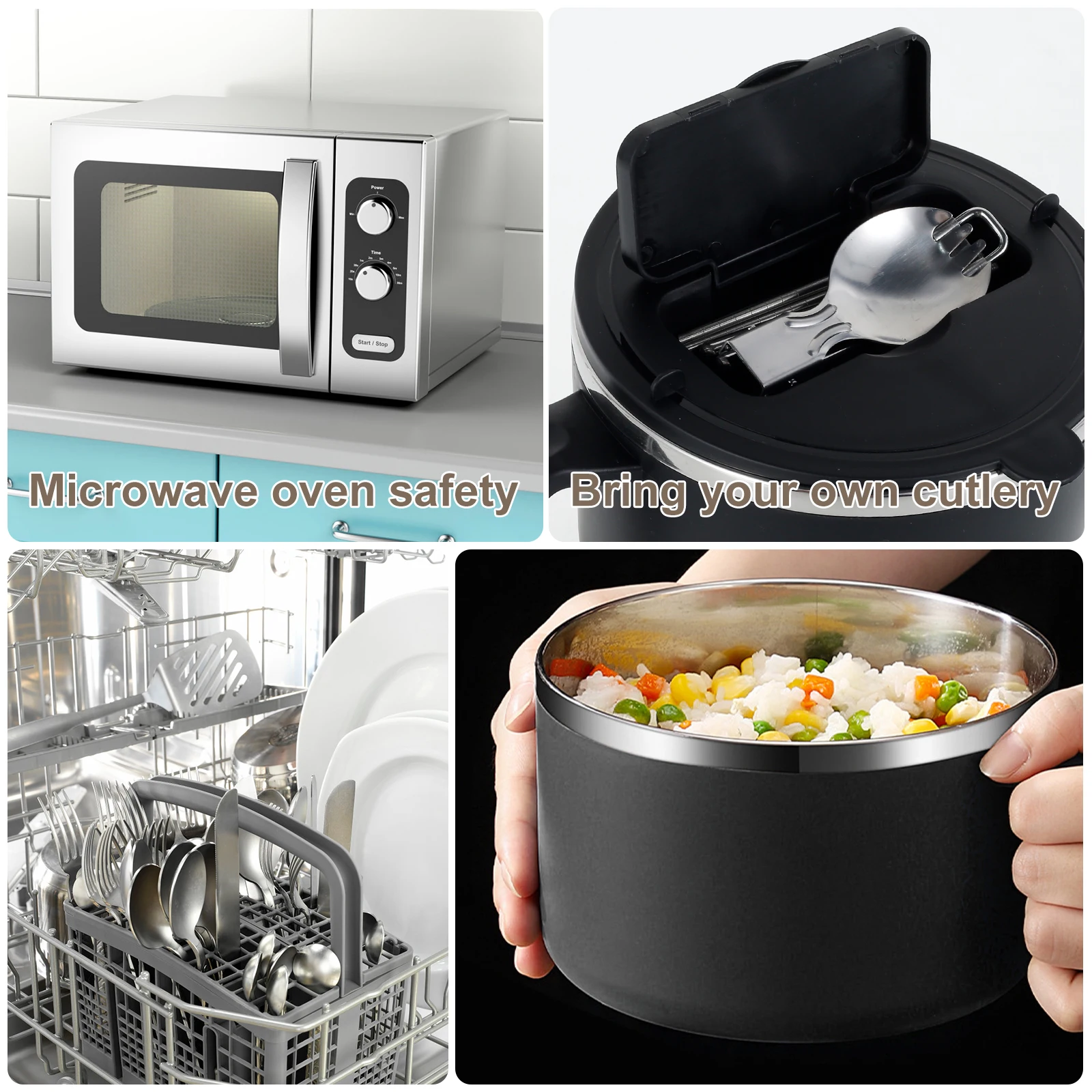 Cuenco Para Ramen Con Tapa - 1200 Ml, Acero Inoxidable Interior, Incluye Tenedor Y Soporte Para Móvil