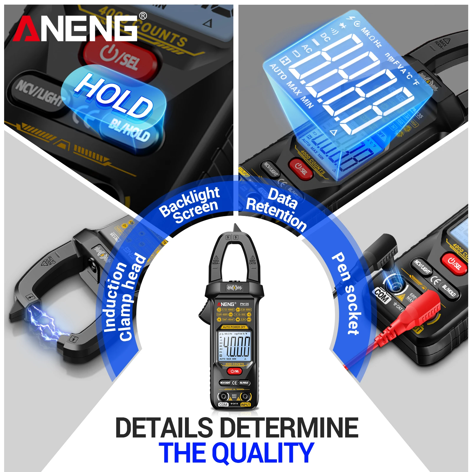 ANENG PN135 지능형 클램프 게이지 4000 카운팅 AC/DC 전압/전류 저항/커패시터 NCV 전기 유지보수 도구