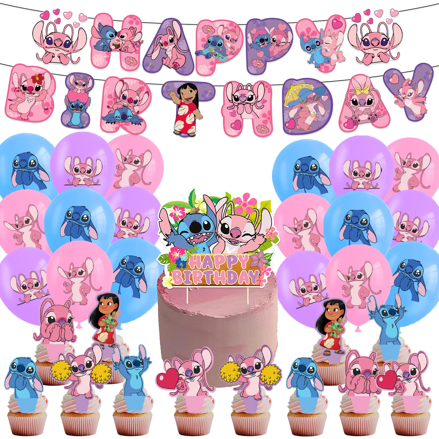 

Cartoon Pink Lilo-Stitched Girls Birthday Party Decoratioer Disposable Balloon Banner Cake Topper for Kids baby Party Supplies