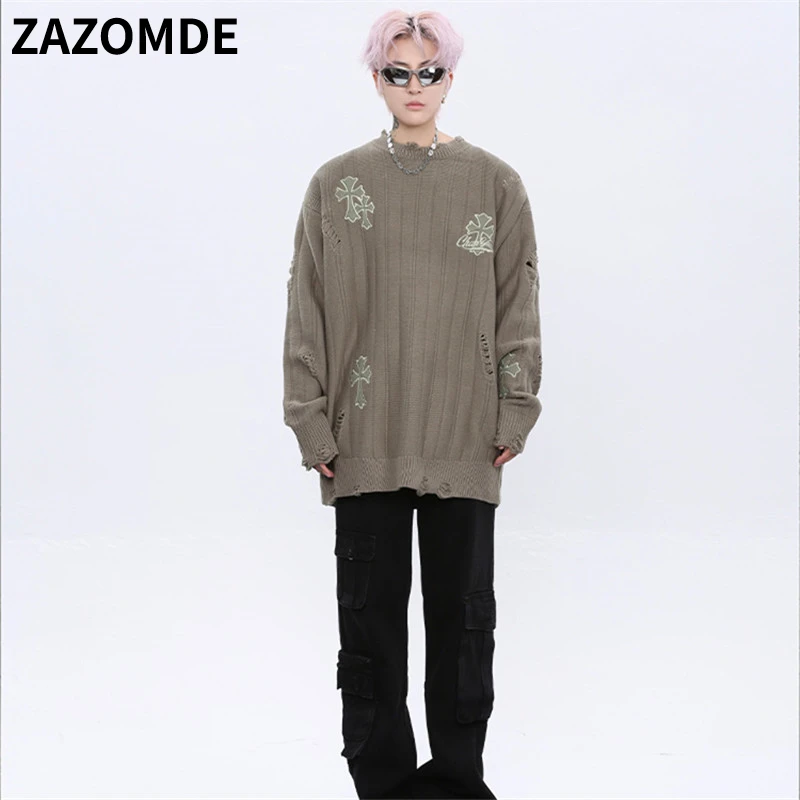 ZAZOMDE 2022 Knit Sweaters Men Streetwear Hip Hop Pullovers Jumper Fashion Oversized Sweaters   All-match Men Winter Clothes
