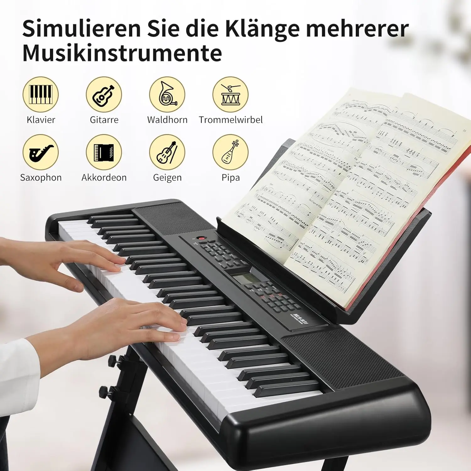 Klaviertastatur 61, gewichtete Tasten, digitales Klavier, E-Piano, Tastatur mit Lautsprechern, LCD, USB MIDI