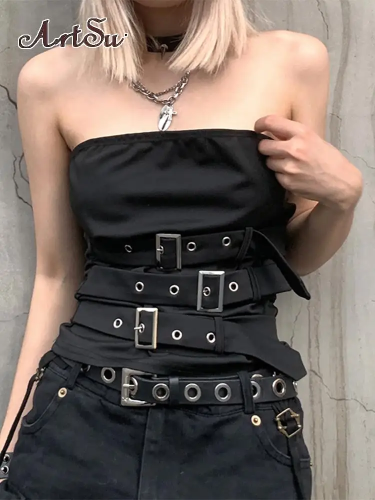 Artsu 고딕 아일렛 붕대 디자인 탱크 캐미스 스트리트웨어 패션, 펑크 블랙 여름 민소매 크롭탑, 하라주쿠 조끼, ASVE86363