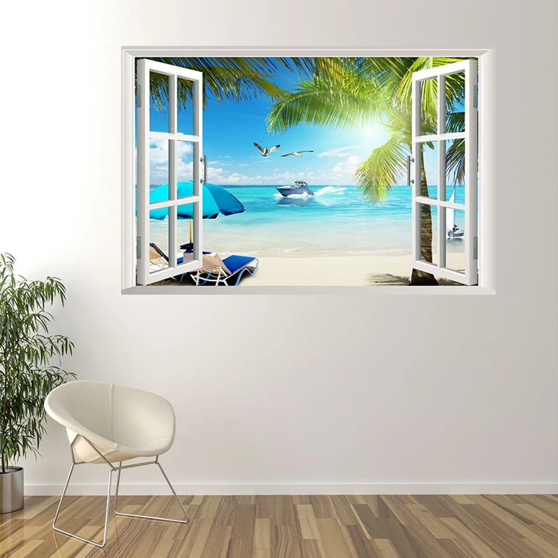 Pegatina De Pared Con Vista De Ventana Al Mar 3D | Tamaño 60x90 Cm, Material PVC, Despegable - Decoración Para Habitación, Salón O Oficina