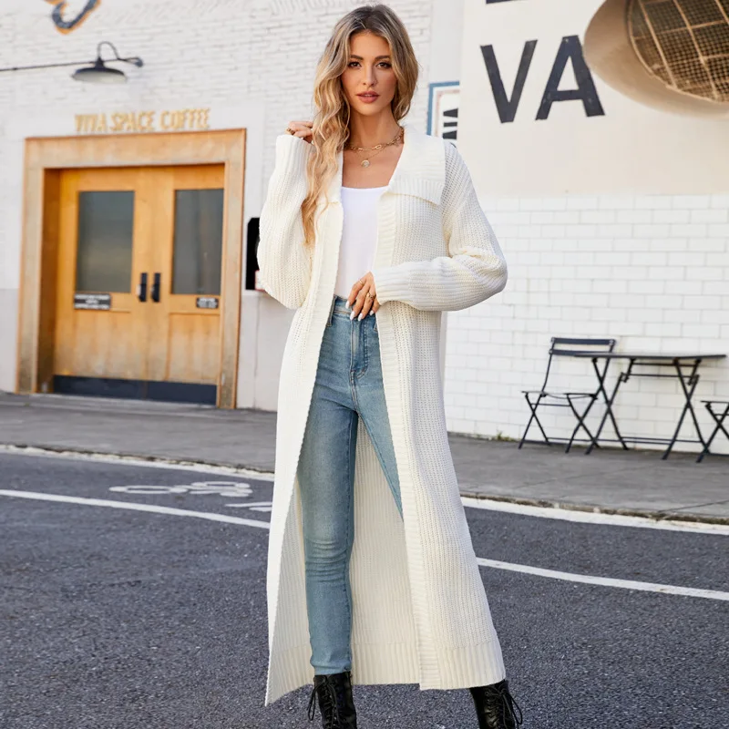 

Casual Autumn/Winter Neck Long Solid Sweater Knitted Cardigan European And American Casual Loose Lazy Sweater Coat