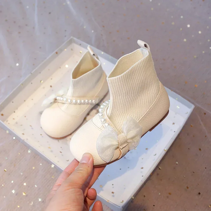 Girls Princess Boots 2025 Autumn Winter Brand New PU Leather Lace Bow-knot Sweet Soft Kids Ankle Boots Socks Style Slip-on Soft