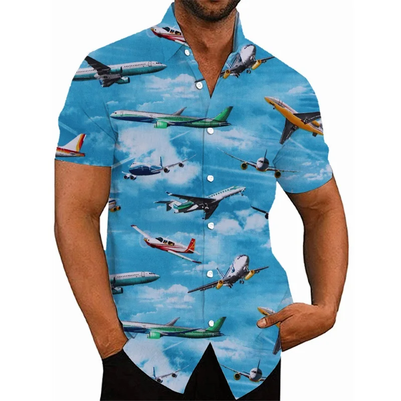 thumbnail image 1 of Camisas hawaianas con estampado 3D de avión de combate para hombre, camisas casuales de manga corta con botones, camisetas de hip hop para hombre, ropa de calle, 1 of 5