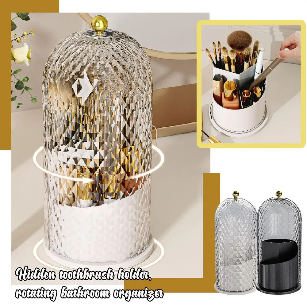 360° Rotating Makeup Brush Holder with Lid Desktop Makeup Organizer Cosmetic Storage Dustproof Brush Holder Jewelry Container 3