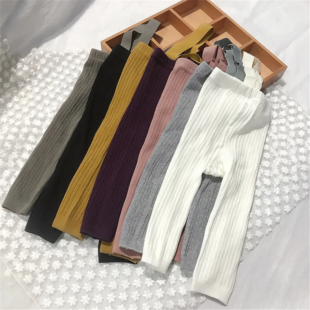 Kids Leggings 7 Colors Toddler Girls Boys Strap Pants Baby Solid Color Knitted Ribbed Leggings Autumn Winter Warm Trousers 0-4T