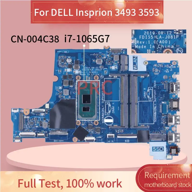 

3493 3593 Laptop Motherboard For DELL Inspiron i7-1065G7 Notebook Mainboard 004C38 FDI55 LA-J081P SRG0N DDR4 Tested