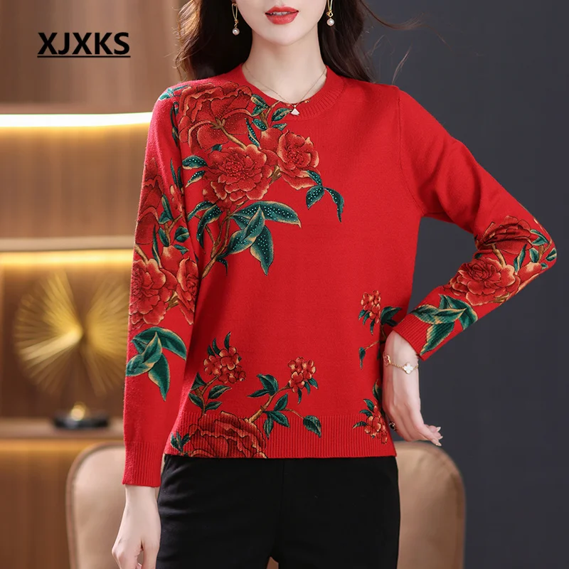 

XJXKS High-end Digital Printing Fashion With Diamonds Women's Sweater 2022 Autumn And Winter New Soft Wool Knit Pullover