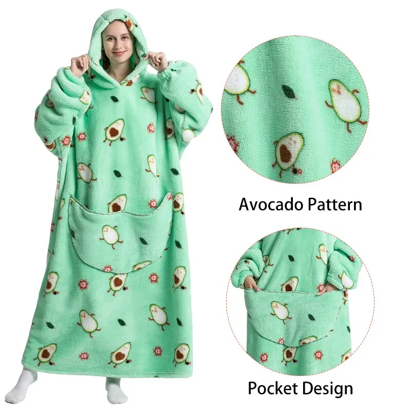 Women Sleepwear Super Long Oversized Homewear Blanket Hoodie Fleece Avocado Winter